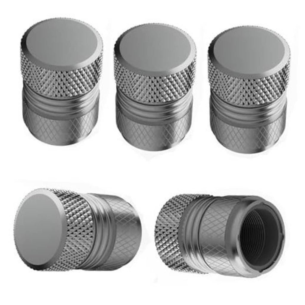 Grey metal tire valve stem cap set with textured grip and flat top, 5-pack style