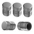 Grey metal tire valve stem cap set with textured grip and flat top, 5-pack style