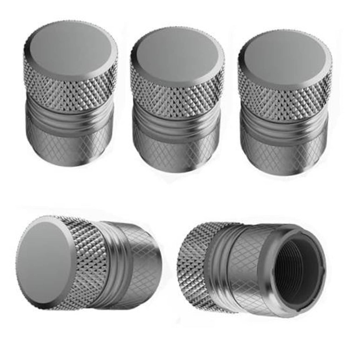 Grey metal tire valve stem cap set with textured grip and flat top, 5-pack style