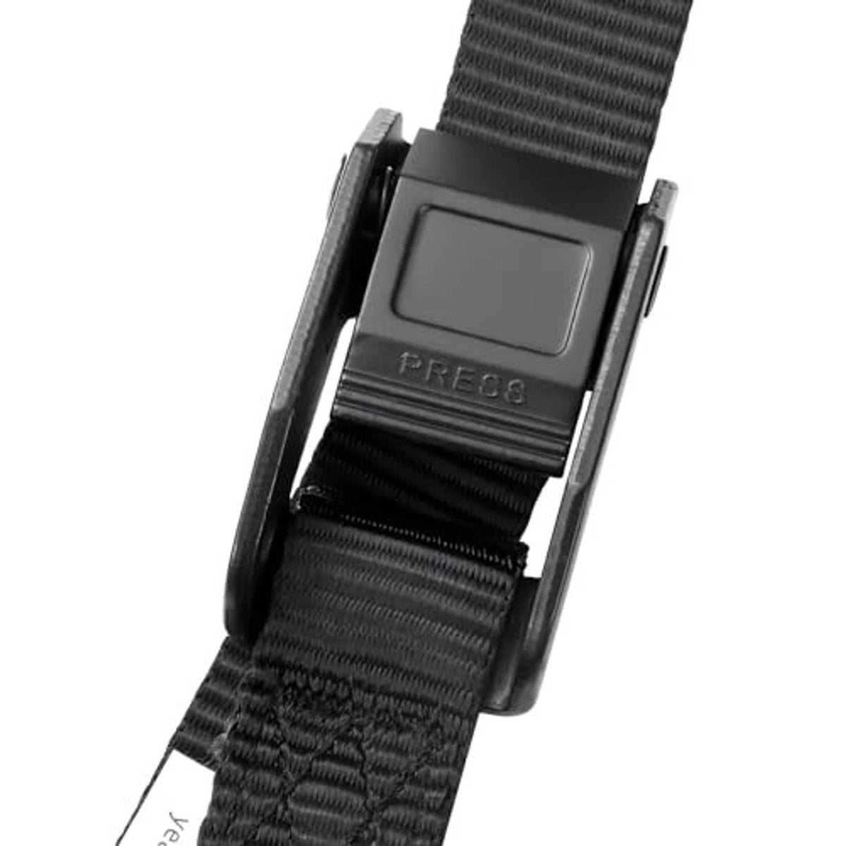 Black cam buckle clamped on woven tree strap webbing with stitched loop end