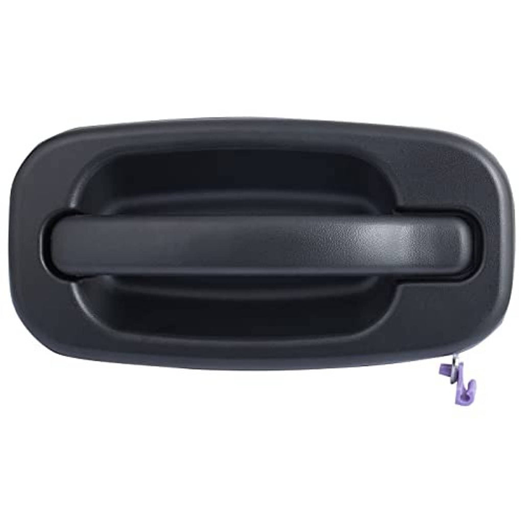 Front exterior door handle, dark textured black lever, no key hole