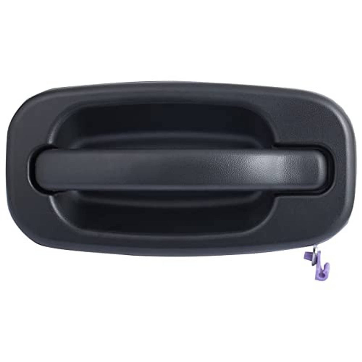 Front exterior door handle, dark textured black lever, no key hole