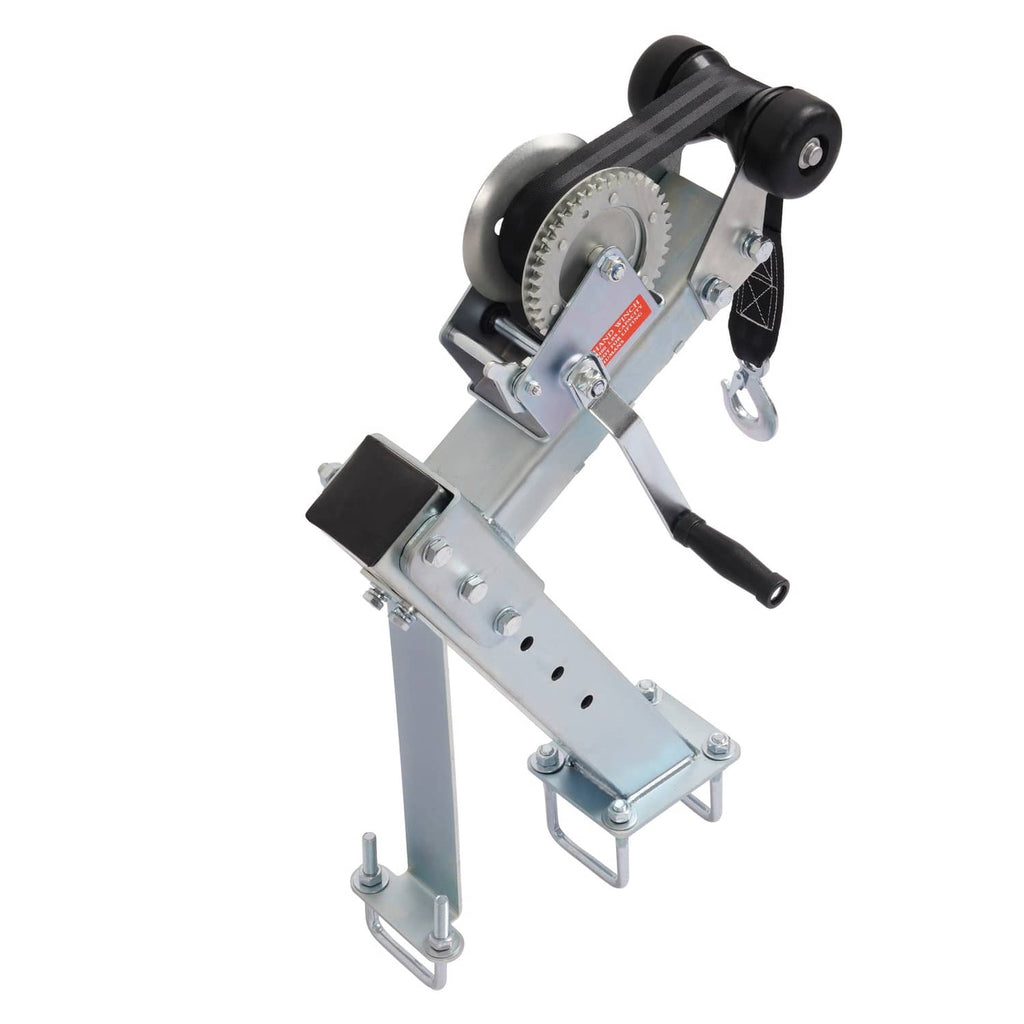 Adjustable winch stand with steel frame, pulley assembly, and black strap