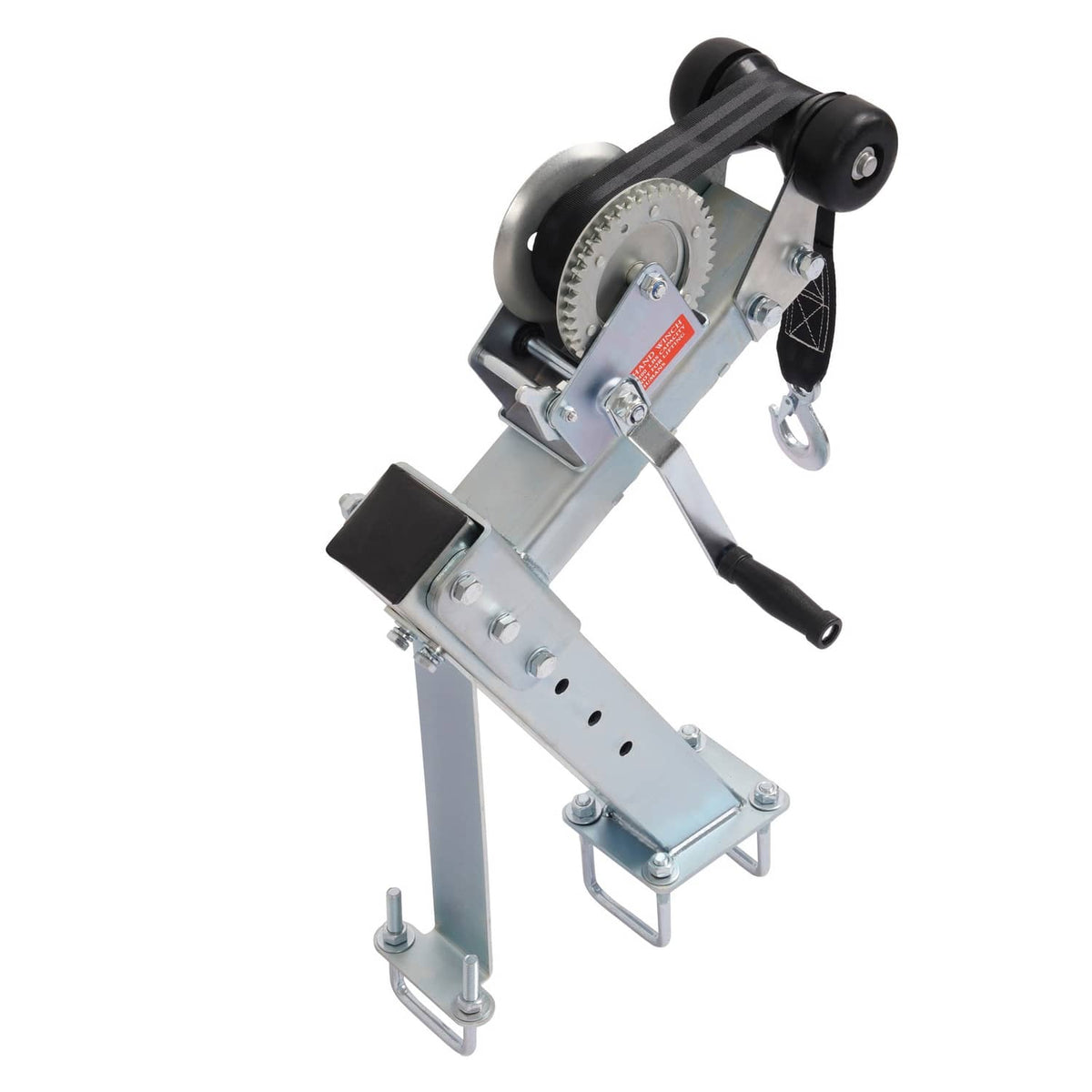 Adjustable winch stand with steel frame, pulley assembly, and black strap