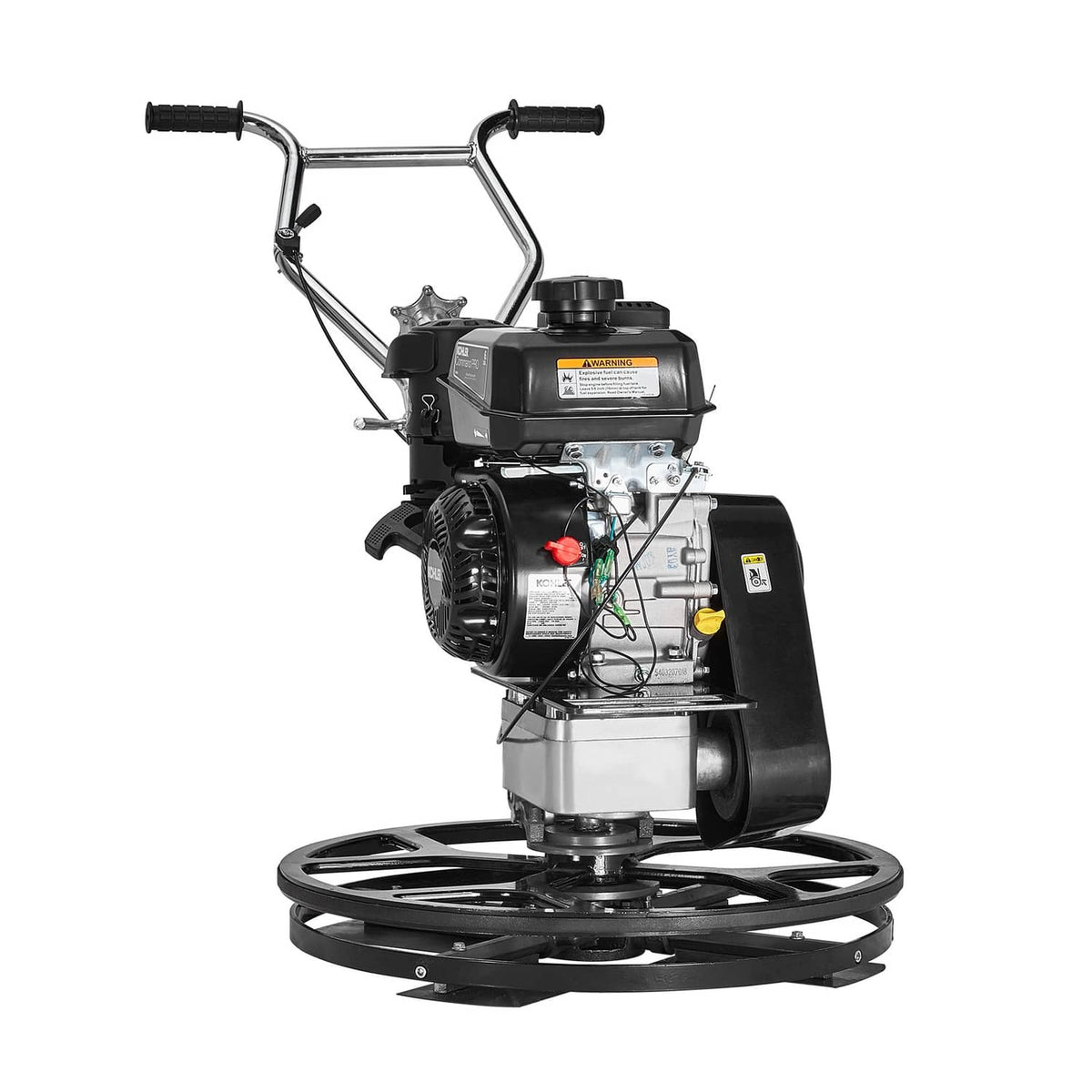 Front view of gas walk-behind cement trowel with engine, float pan, and handle grips