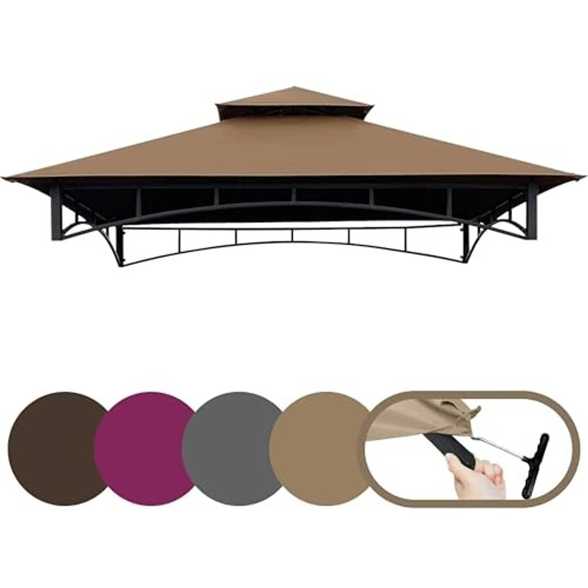 Khaki double-tier gazebo replacement canopy top with T-hook and double-roof frame