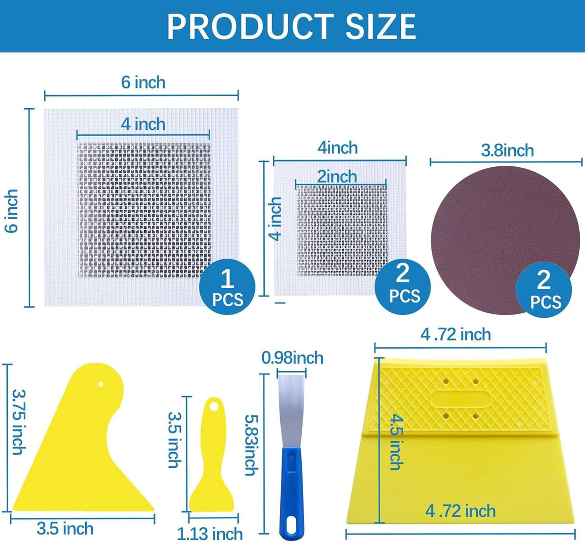 Drywall repair kit size diagram with patches, blade, and yellow patch sheet measurements
