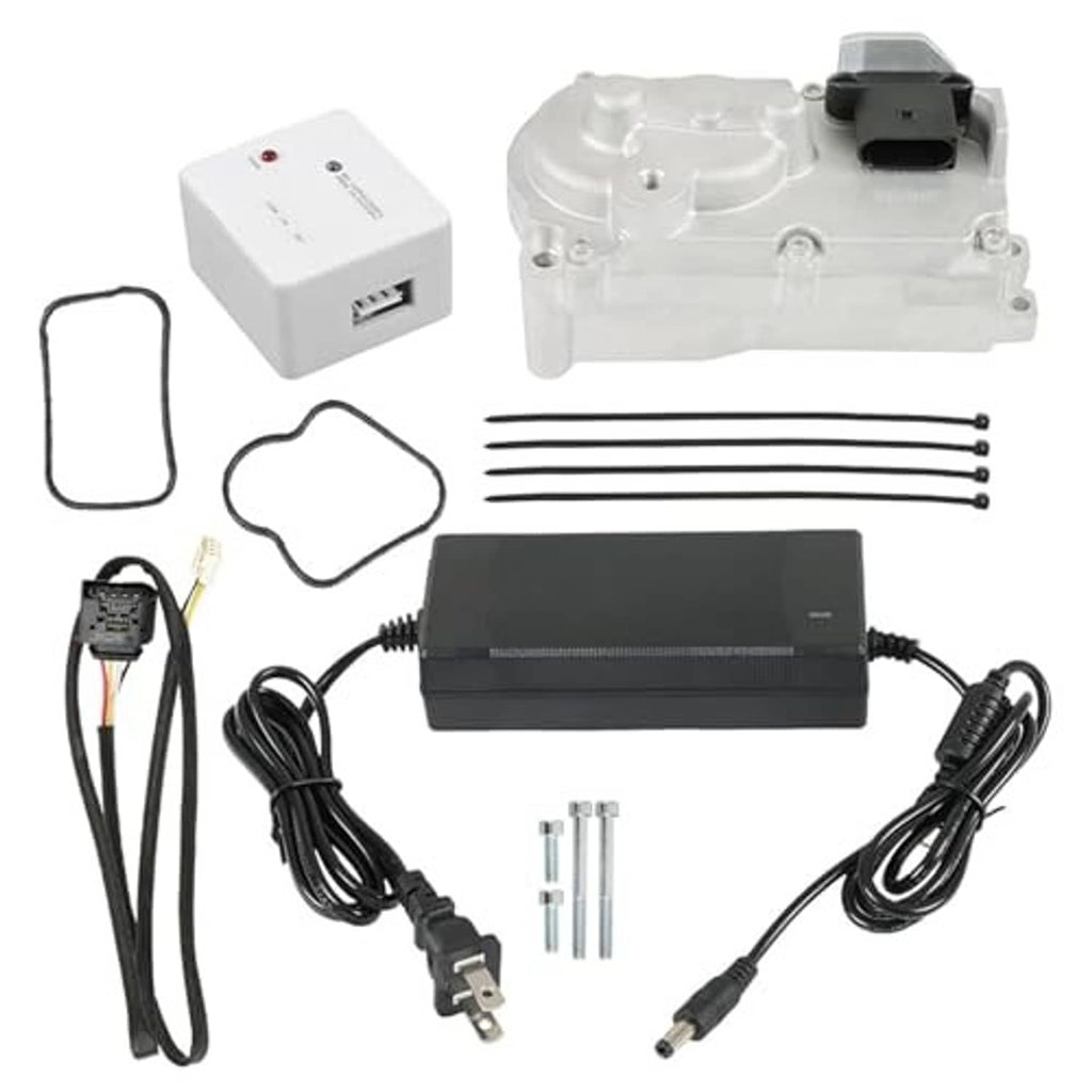 Turbocharger actuator replacement kit with silver actuator, black control box, and cable set