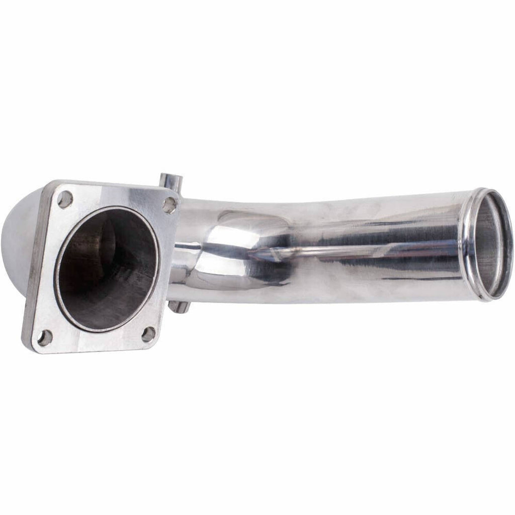 Stainless intake elbow tube with square flange and straight outlet pipe end.