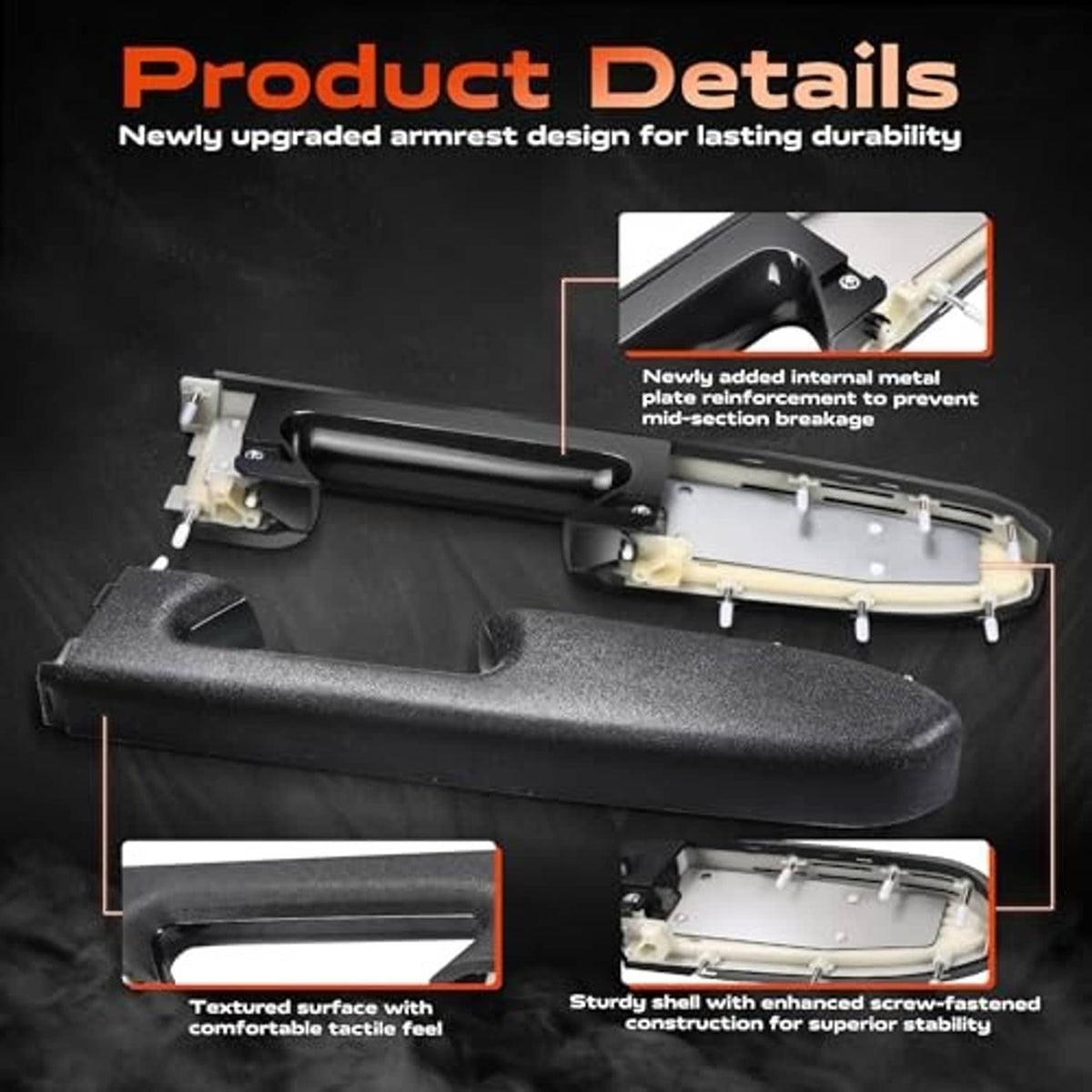 Black textured door armrest with reinforced internal metal bracket and mounting points