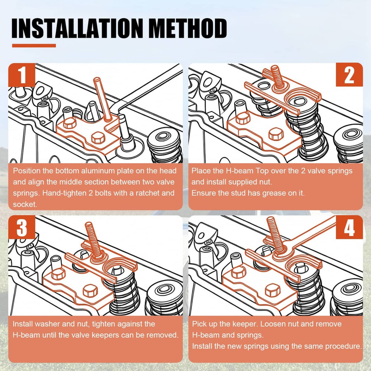 Installation diagram showing H-beam valve spring compressor positioning and screw tightening