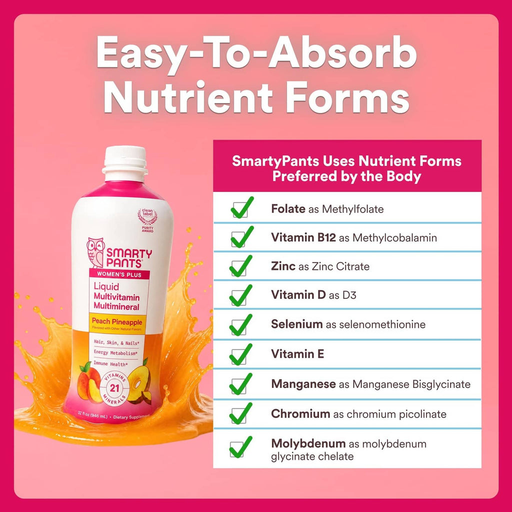 Pink liquid multivitamin bottle with easy-to-absorb nutrient forms list