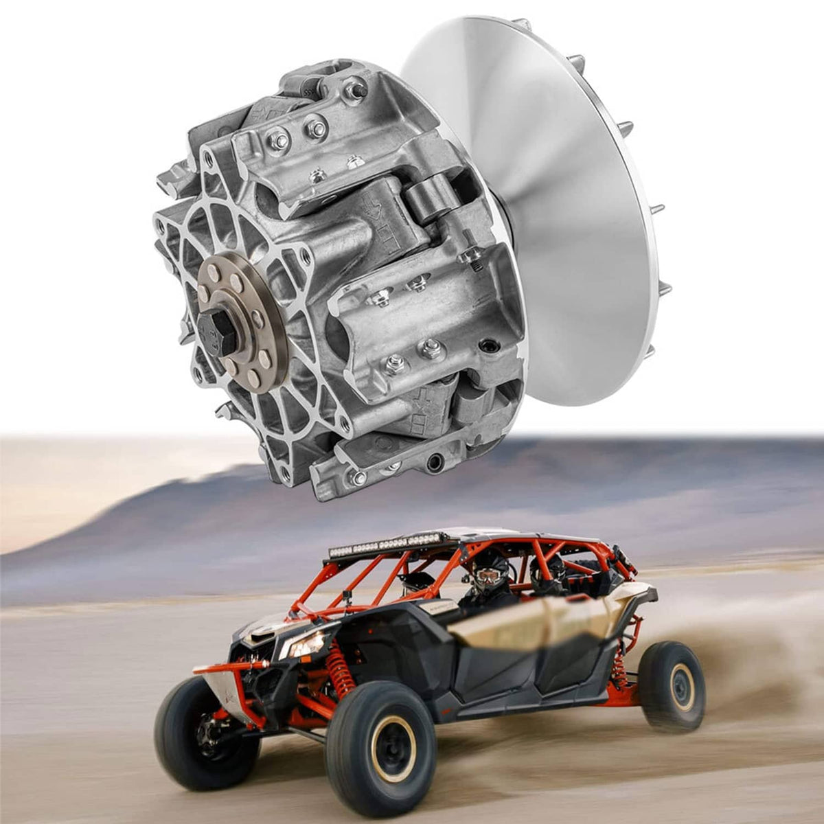 Primary clutch assembly with circular outer cover and silver aluminum housing