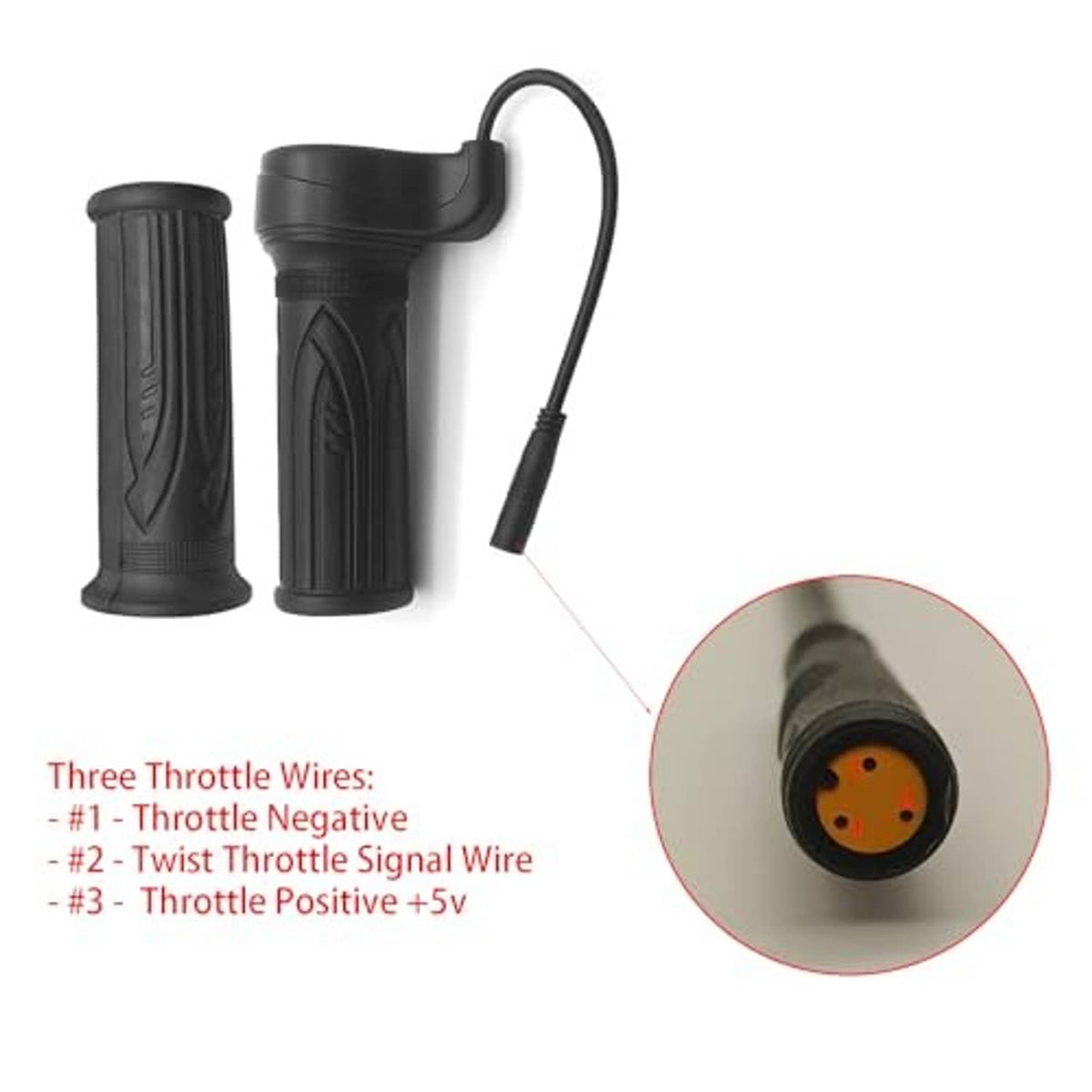 Black e-bike twist throttle grips with 3-pin plug connector close-up and wiring leads