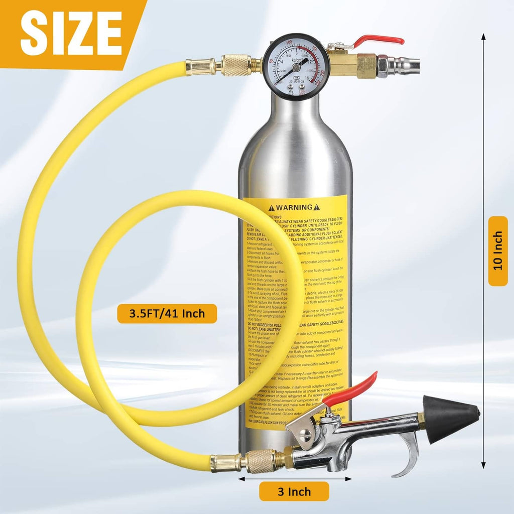 Yellow AC flush kit canister with pressure gauge and red/black blow gun connected to hose