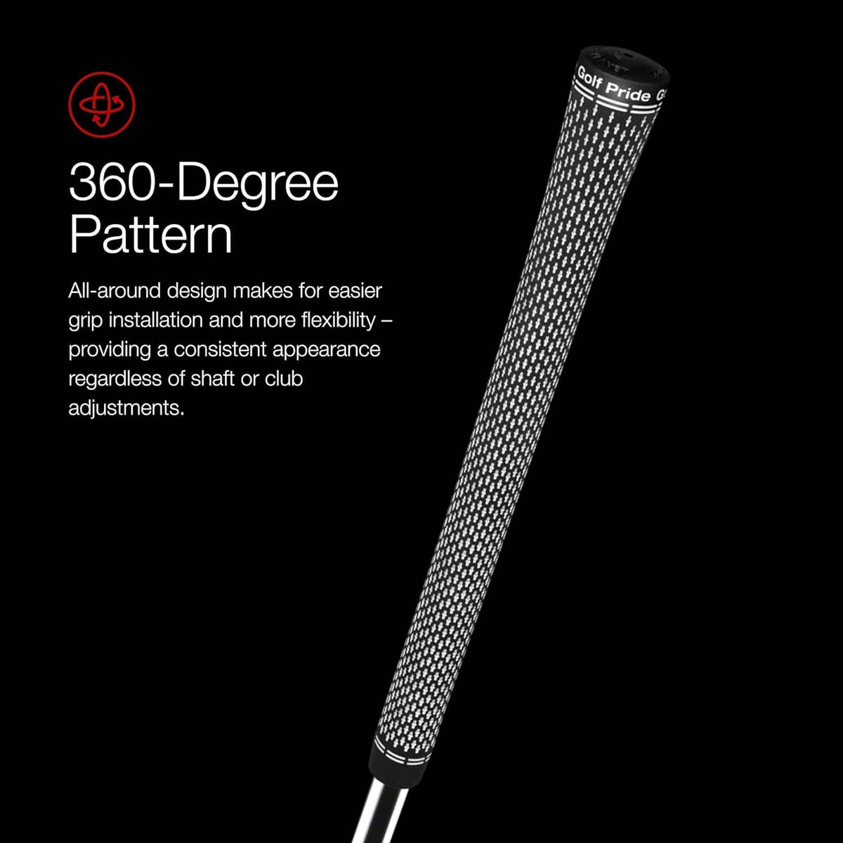 Black golf grip with all-around patterned texture and visible club shaft