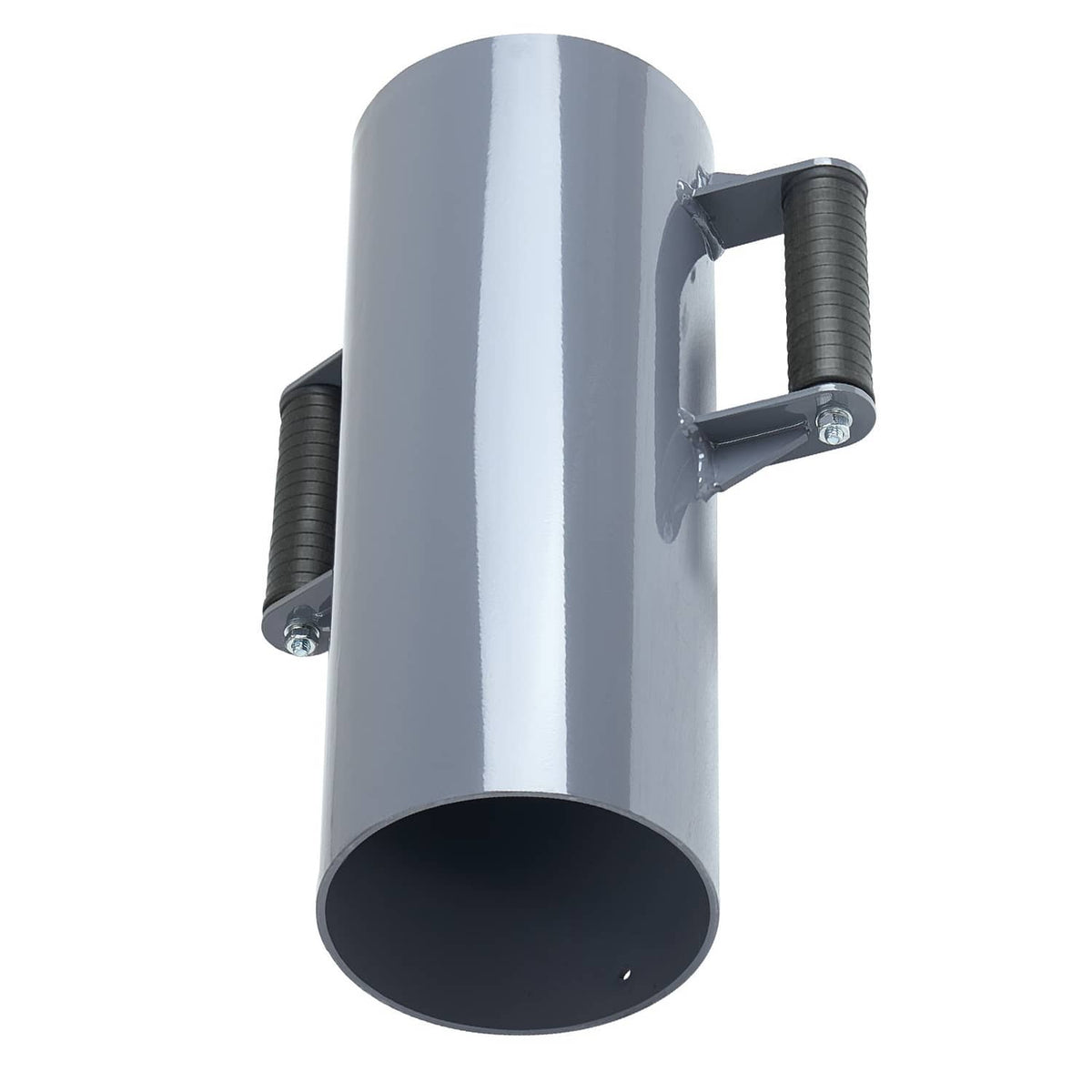 Manual fence post driver: gray cylindrical rammer with side bracket and springs