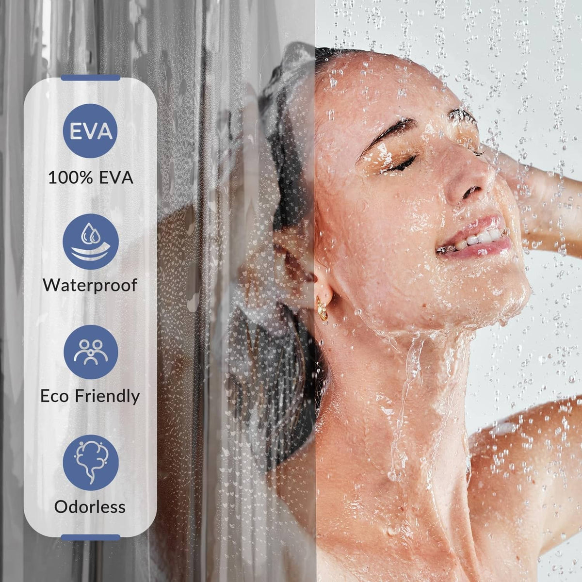 Grey clear EVA shower curtain showing water beading on the surface