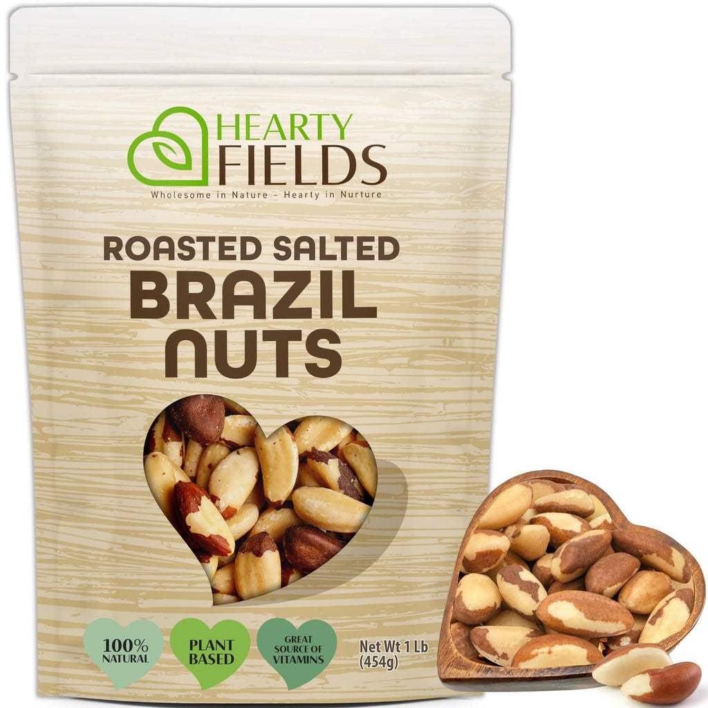Roasted salted brazil nuts pouch with heart-shaped nut window and Hearty Fields branding
