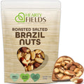 Roasted salted brazil nuts pouch with heart-shaped nut window and Hearty Fields branding