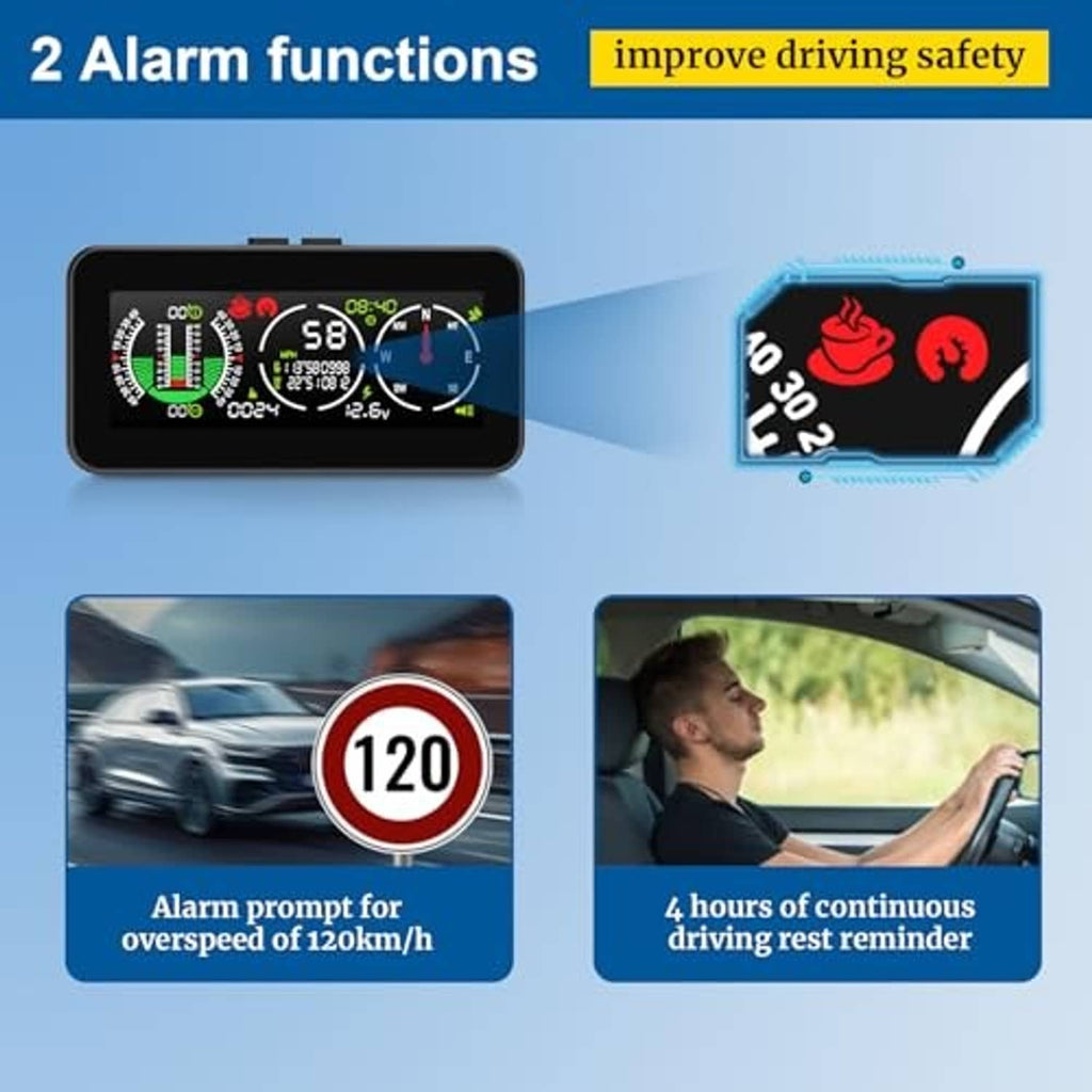 Car GPS speedometer inclinometer with alarm icons and speed gauge on screen