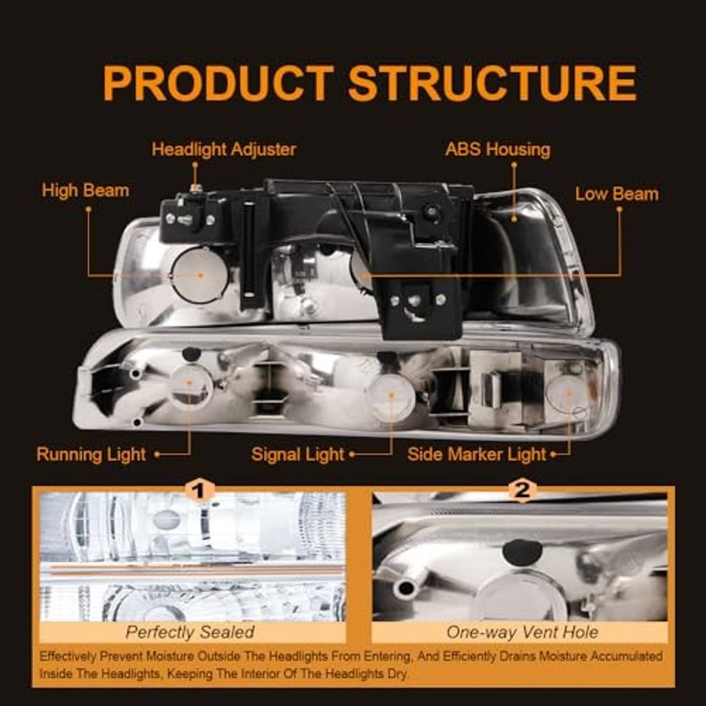 Chrome headlight housing with internal components and adjuster, clear lens with amber