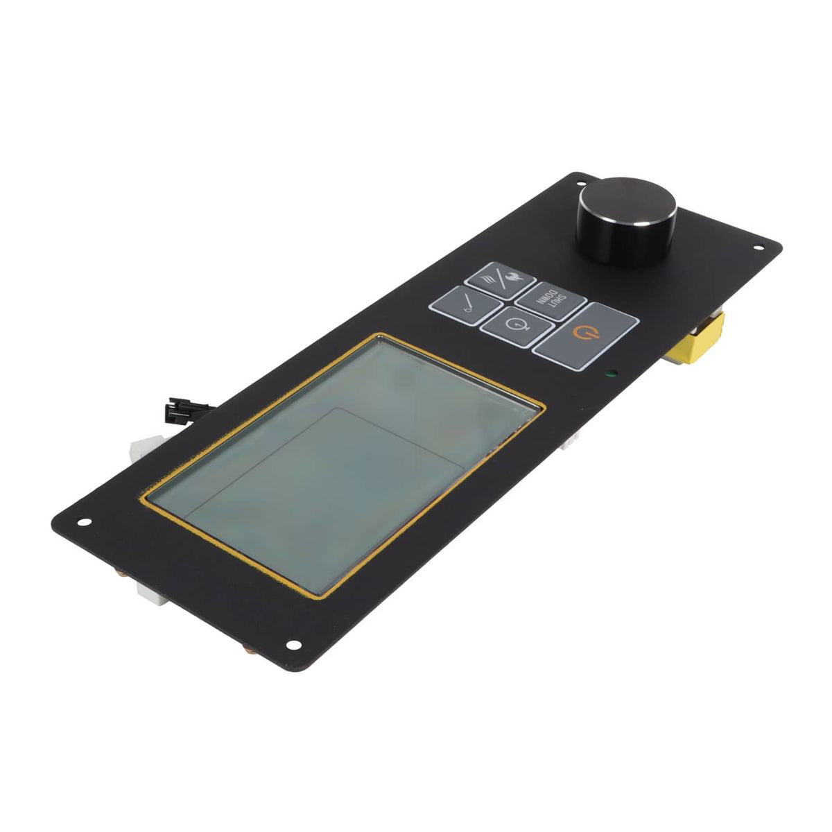 Pellet grill control board slanted view with knob, keypad, and green LCD screen