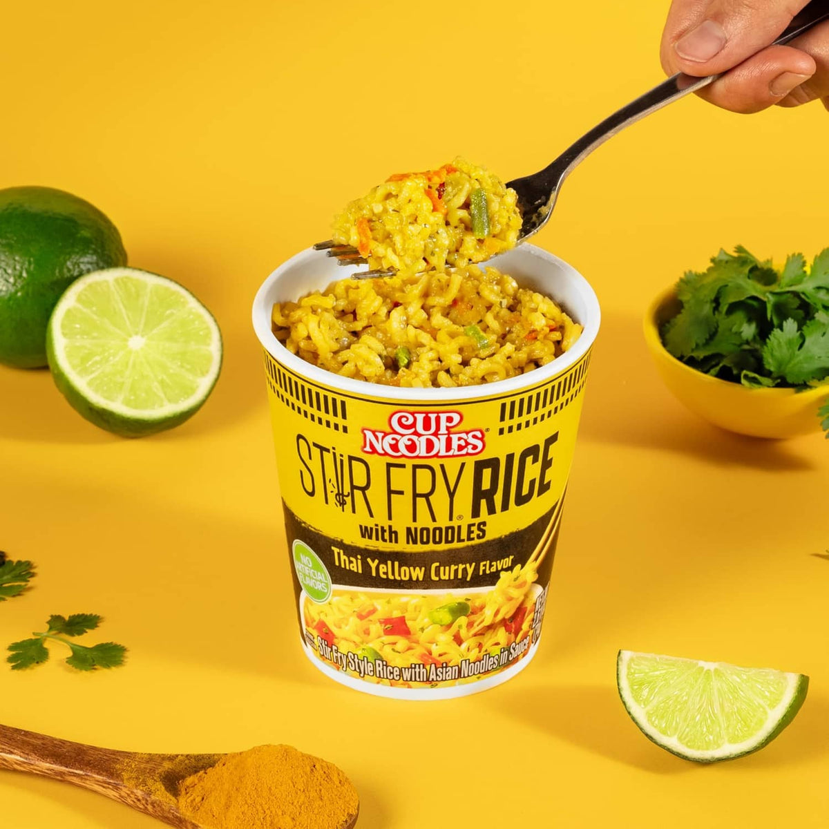 Cup Noodles Stir Fry Rice cup filled with noodles, Thai Yellow Curry Flavor