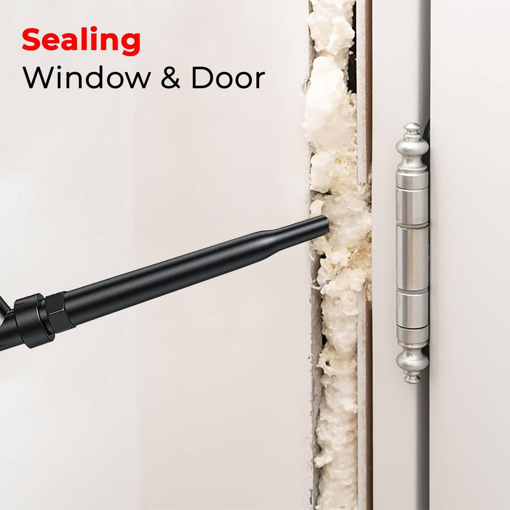 Spray foam insulation gun applying foam seal along window or door frame gap