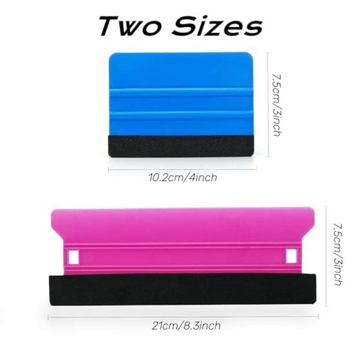 Felt-edge vinyl scrapers, two sizes: 10.2cm and 7.5cm widths; blue and pink