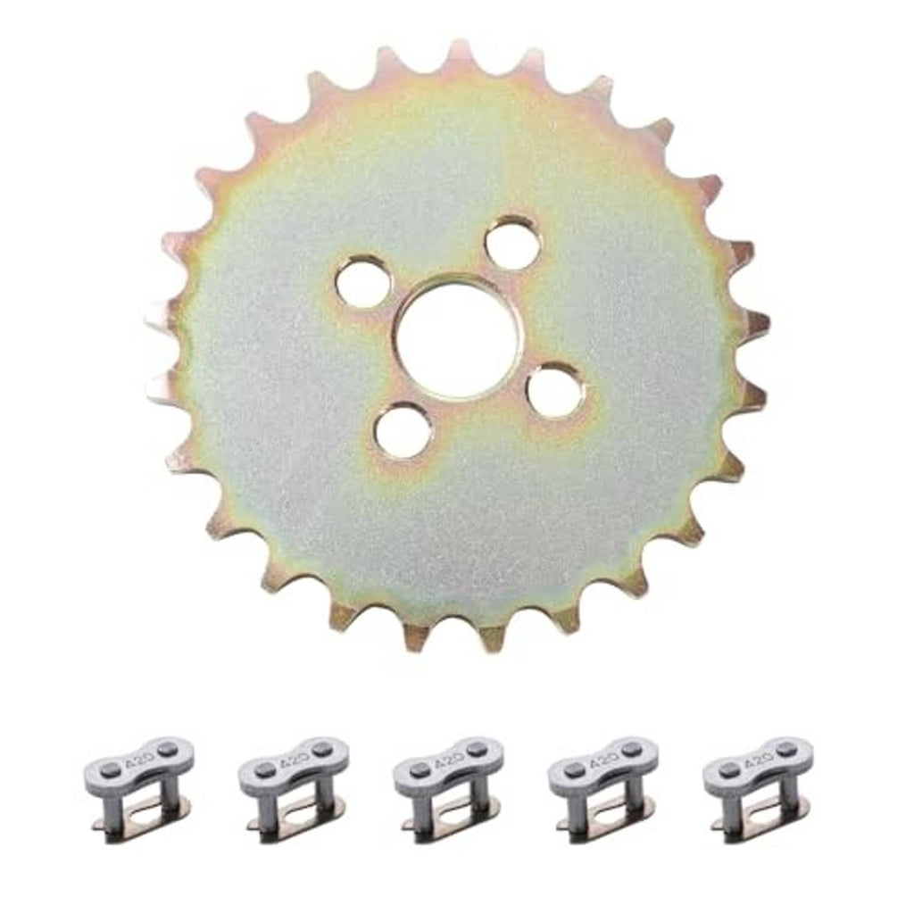 25-tooth 420 front sprocket with mounting holes and included chain hardware pieces