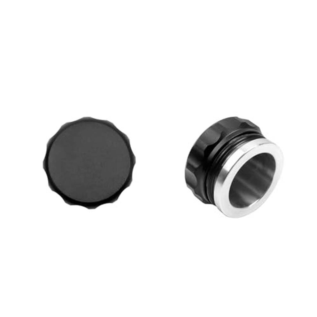 Fuel filler neck cap with black cover and visible threaded inner opening