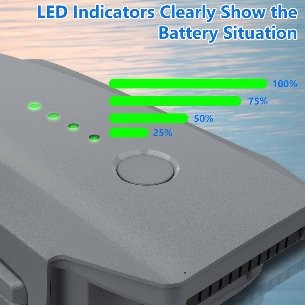 Intelligent flight battery top with circular button and green LED charge indicators