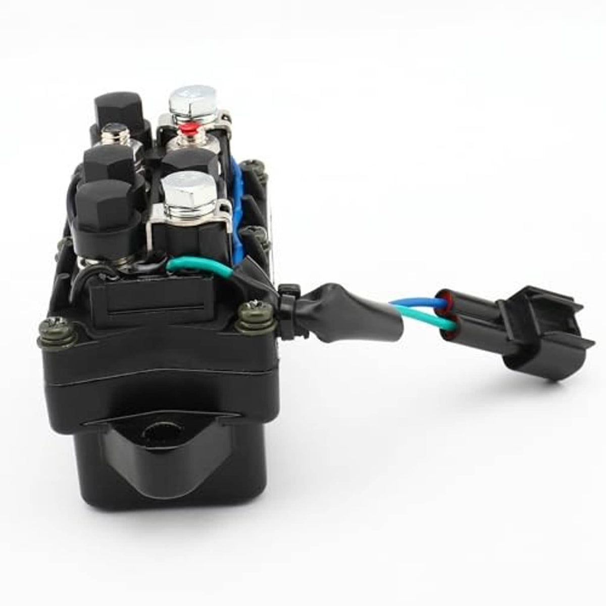 Black relay module with blue and teal wires, metal studs, and outlet connector