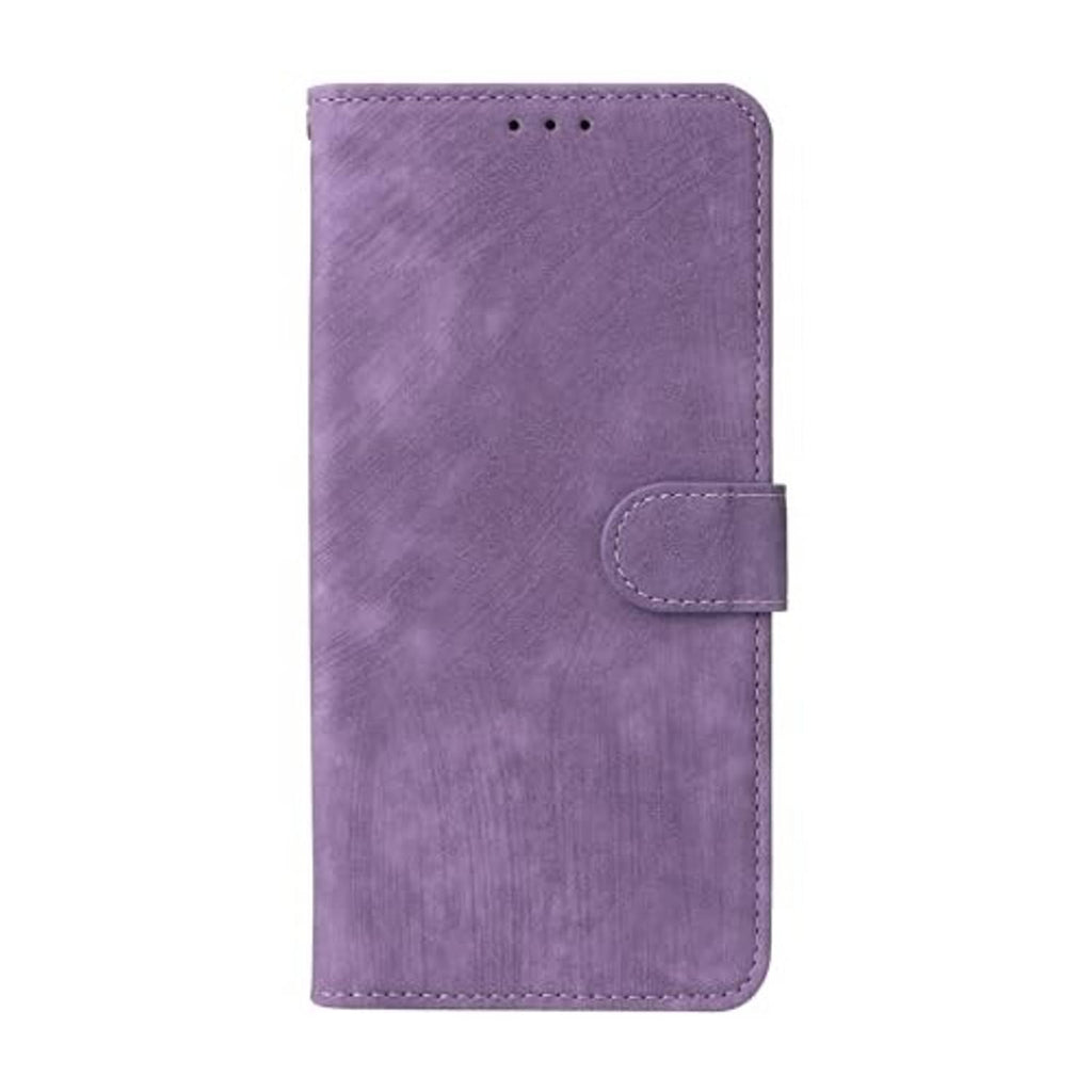 Purple slim phone wallet case with magnetic flip strap and stitched edges