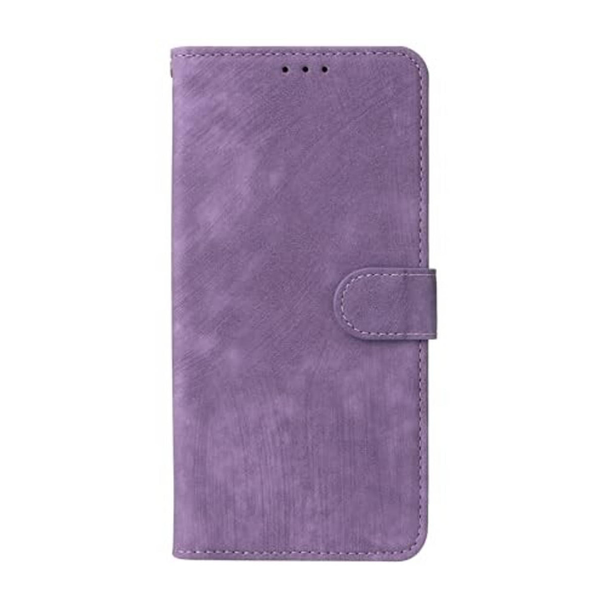 Purple slim phone wallet case with magnetic flip strap and stitched edges