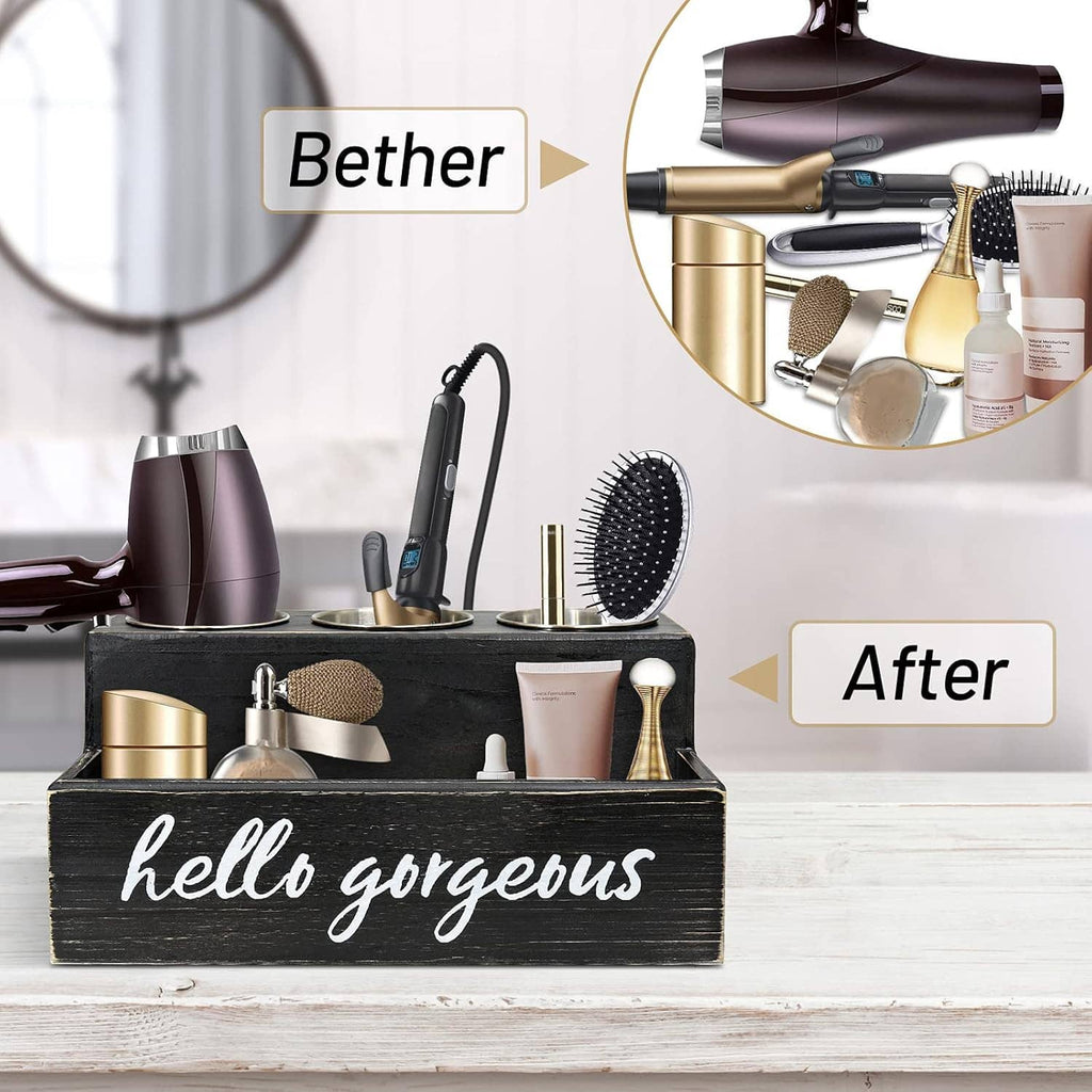 Black hair tool organizer with held dryer, brushes, and accessory cups on countertop