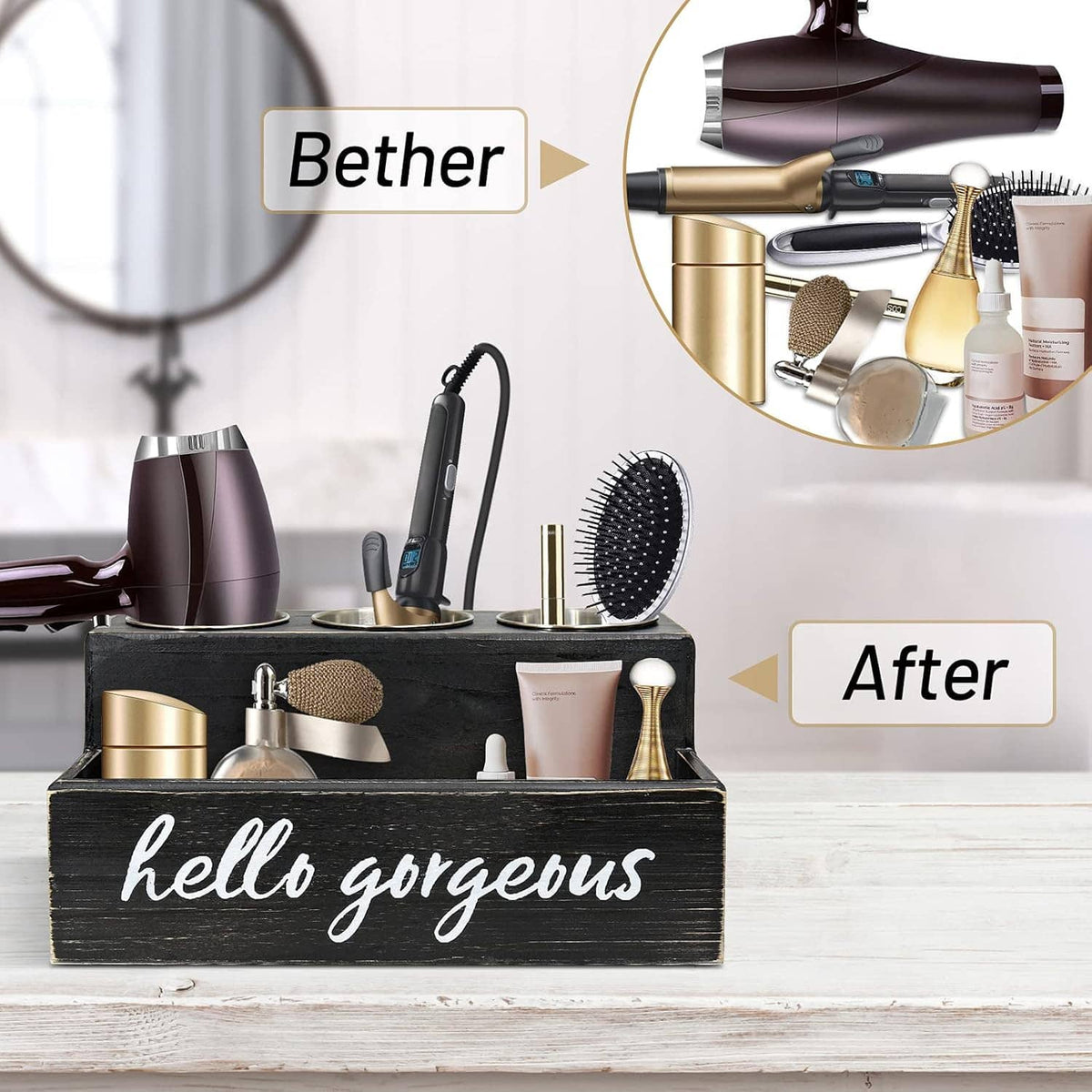 Black hair tool organizer with held dryer, brushes, and accessory cups on countertop