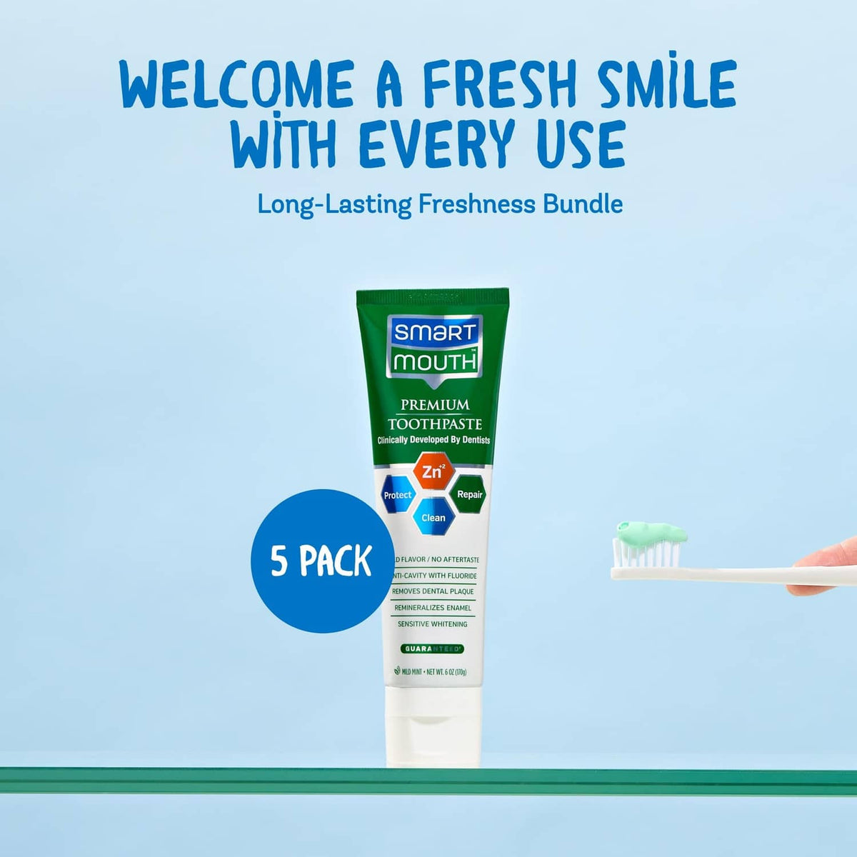 Premium zinc ion toothpaste tube with green cap in white-and-green packaging