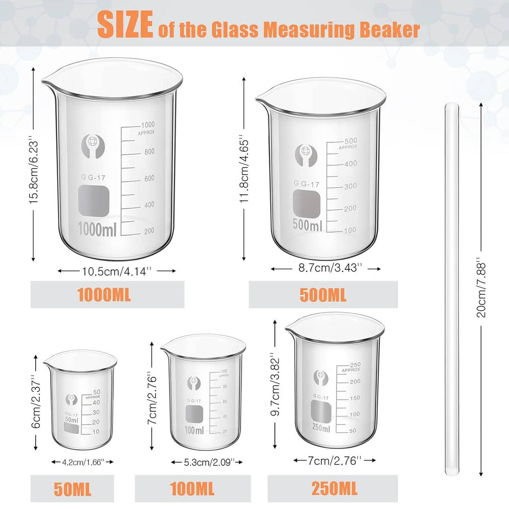Clear glass measuring beaker sizes shown with printed graduation marks