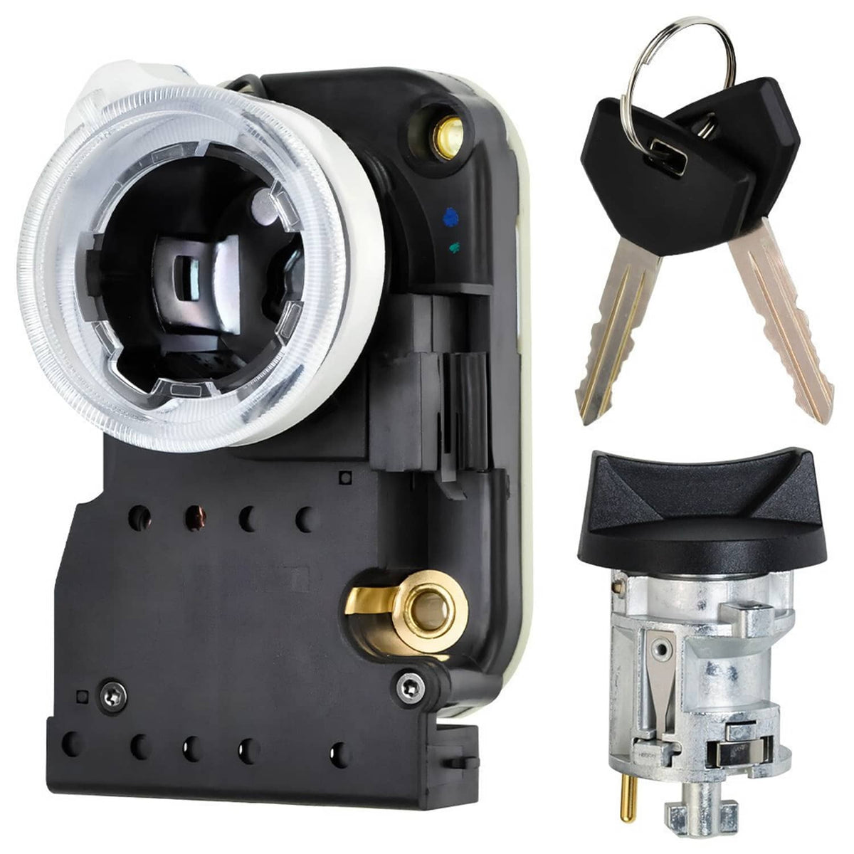 Ignition lock cylinder assembly with key and two keys, black housing and silver bezel.