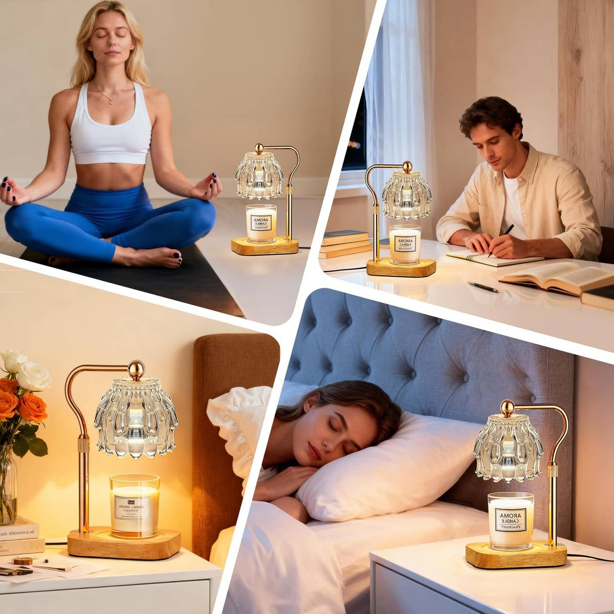 Clear glass candle warmer lamp with aroma jar on wooden base, gold handle