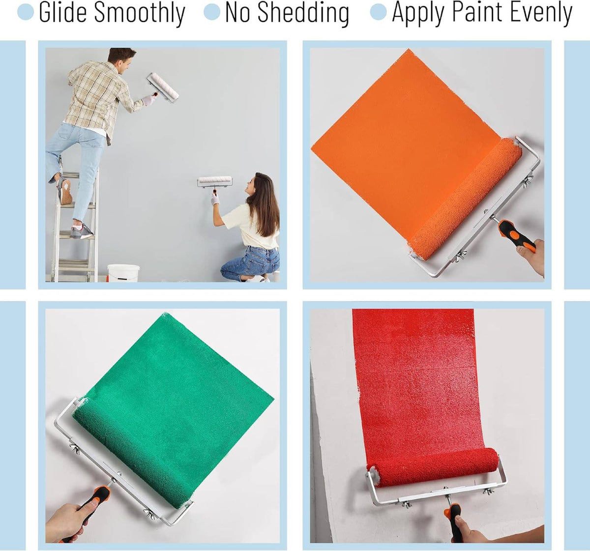 Microfiber paint roller covers applying paint to panels, white with yellow stripe bands (3 pack)