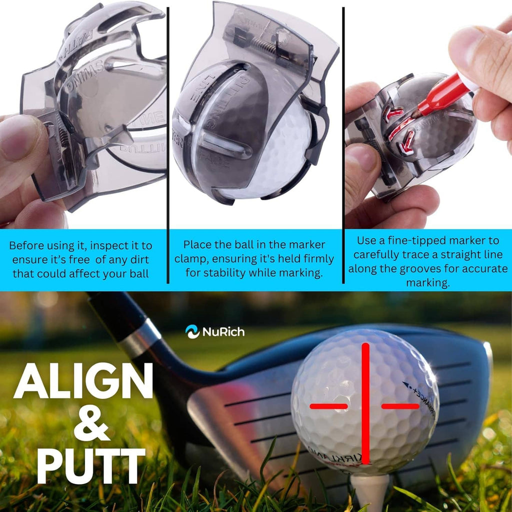 Golf ball line marker tool showing before, holding, and marking alignment