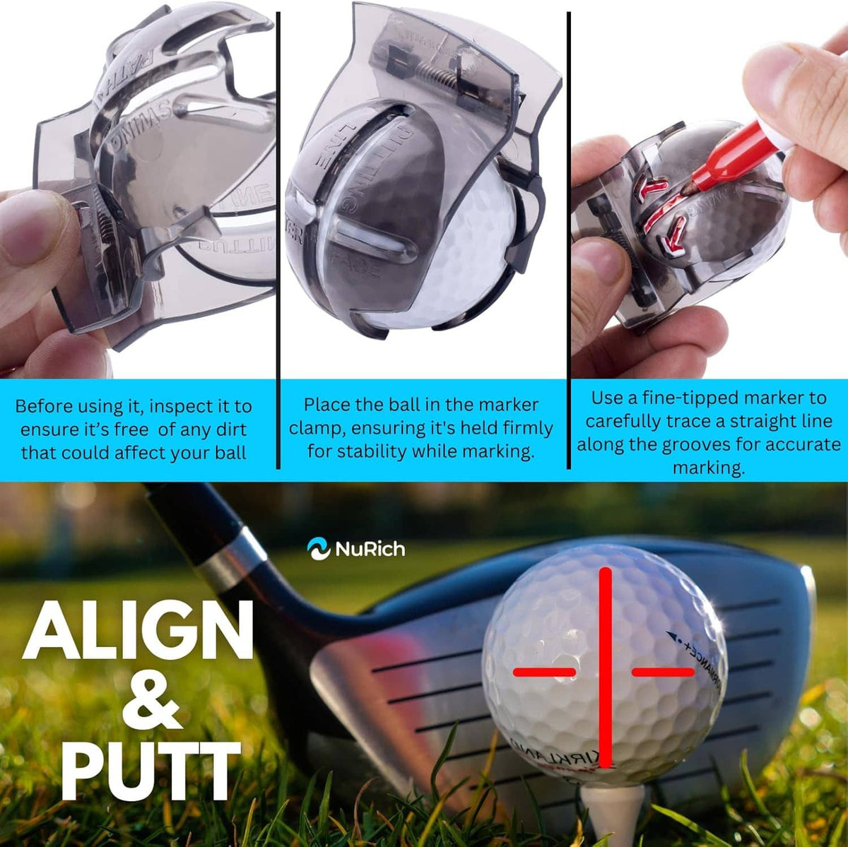 Golf ball line marker tool showing before, holding, and marking alignment