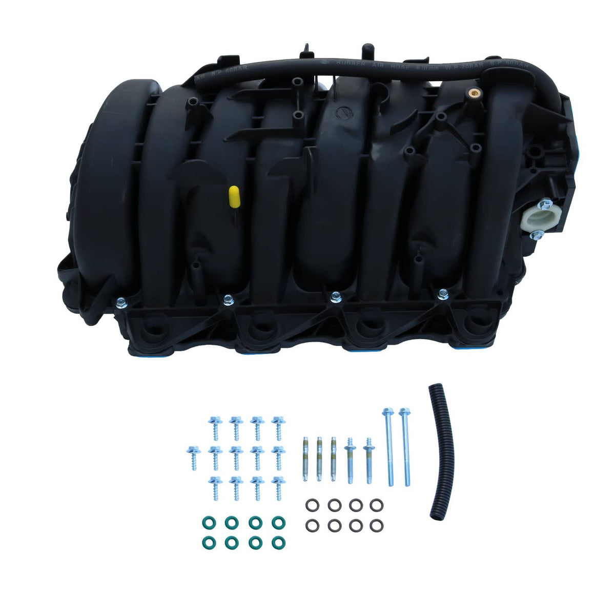 Intake manifold underside view with black housing; screws, washers, and hose included
