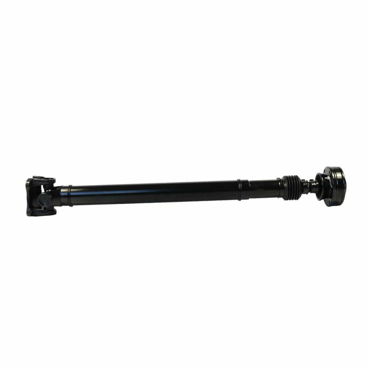 Front drive shaft with yoke bracket end and rubber boot, long black tube