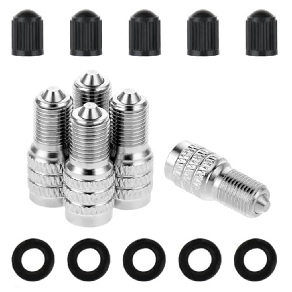 Five metal valve stem extension caps with black ribbed tops and O-ring seals