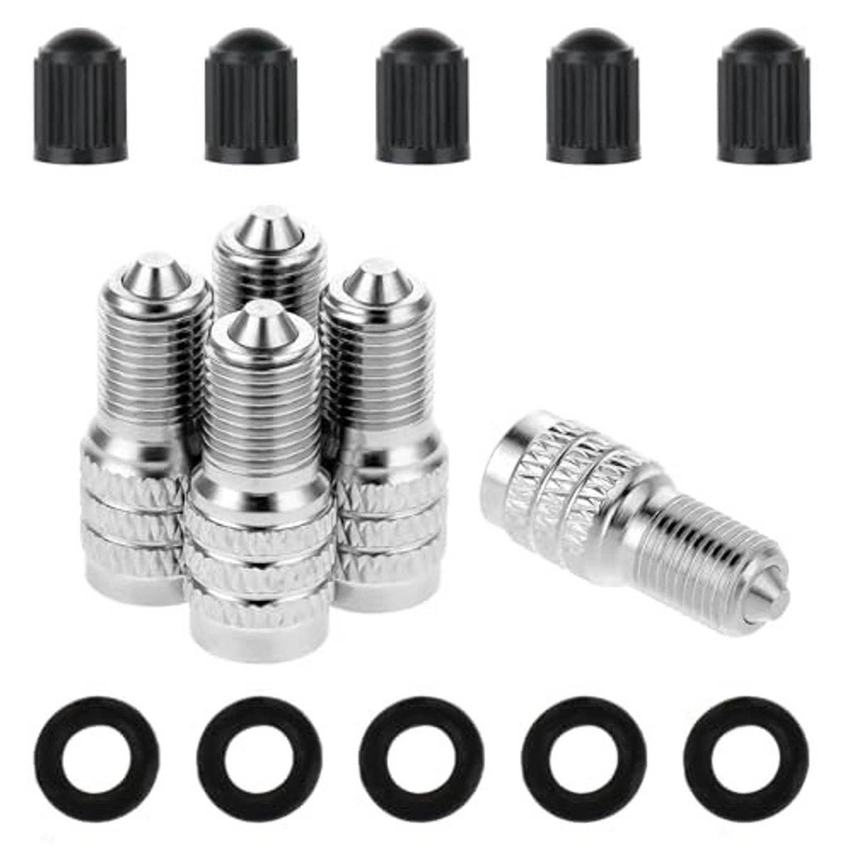 Five metal valve stem extension caps with black ribbed tops and O-ring seals