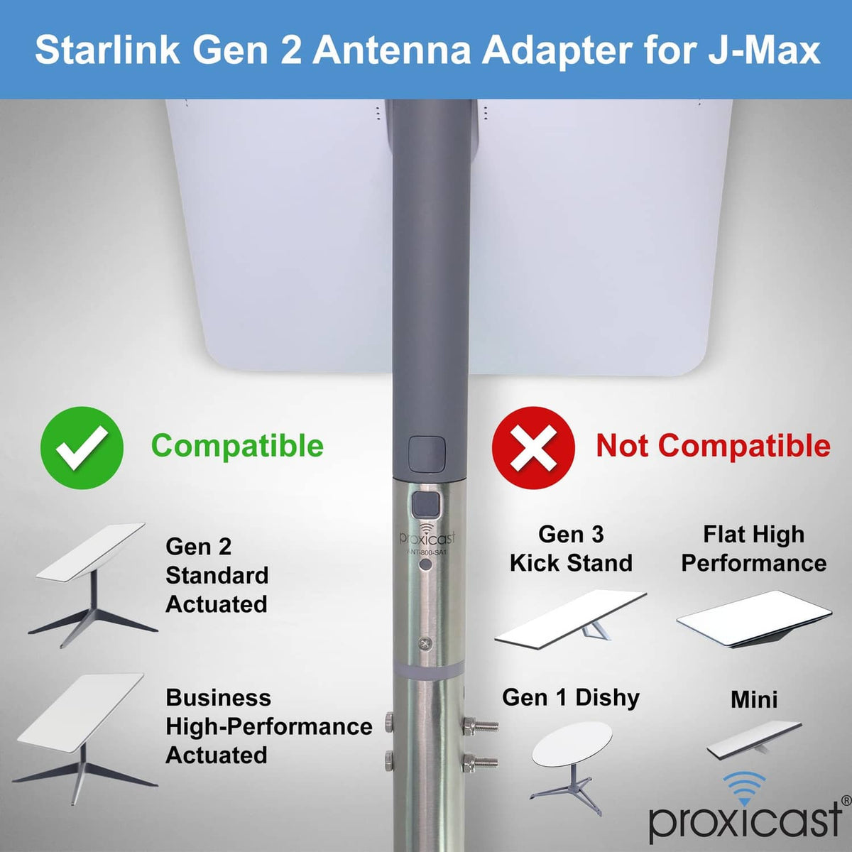 Pole-mounted Starlink antenna adapter with gray sleeve and metal inner tube